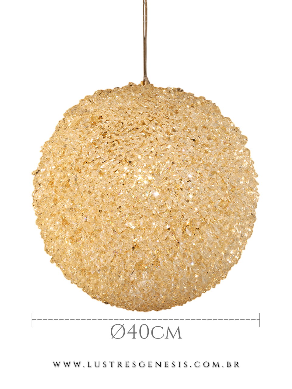 Lustre Pendente Cristal Dourado Esfera Ø40cm E14, Cabeceira de Cama, Banheiro, Lavabo, Balcao de Cozinha, Bancada Area Gourmet